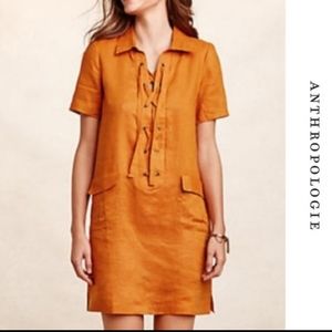 Anthropologie Maeve 100% Linen Lace-Up Dress Size 0 Shift Dress Orange Yellow